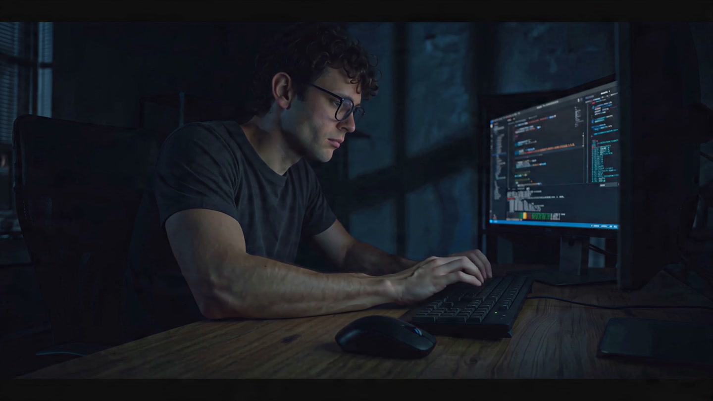 Engineer typing with both hands during the outage